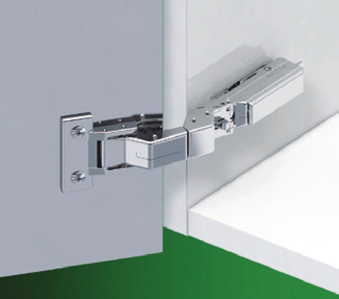 Tiomos M0 125 hinge for thin doors (6-10mm) No cup hole necessary Door thickness of 6mm (1/4") to 10mm (3/8") Accommodates door overlays up to 25.