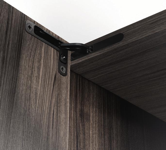 Tiomos H Hinge 105 hidden hinge Hidden hinge is fully recessed in cabinet 105 opening angle Integrated soft-close damper 3-dimentional adjustments via cam For door thicknesses from 18mm (21/32") Door