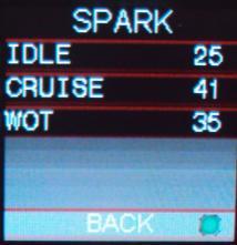 4 Spark Selecting SPARK brings up the following screen (Fig 56): The ignition timing at idle (Fig 57), cruise (Fig 58),