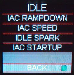 32.4 Idle The Idle parameters adjust specific characteristics of how the idle air control motor functions on engine decal and startup (Fig 75). Figure 75 Figure 76 Figure 77 Figure 78 Figure 79 32.4.1 IAC Rampdown The Idle Air Control (IAC) motor is a stepper motor located in the throttle body that controls the idle speed of the engine by metering air.