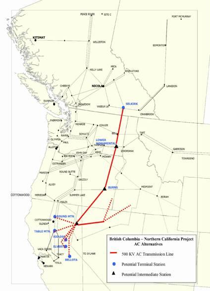 AC Alternative 500 kv Option 2 500 kv transmission line from Selkirk-BC and a 500 kv line from Eastern Nevada and beyond to terminals in Nthern Califnia Nthern Terminal - Selkirk BC Canada Eastern