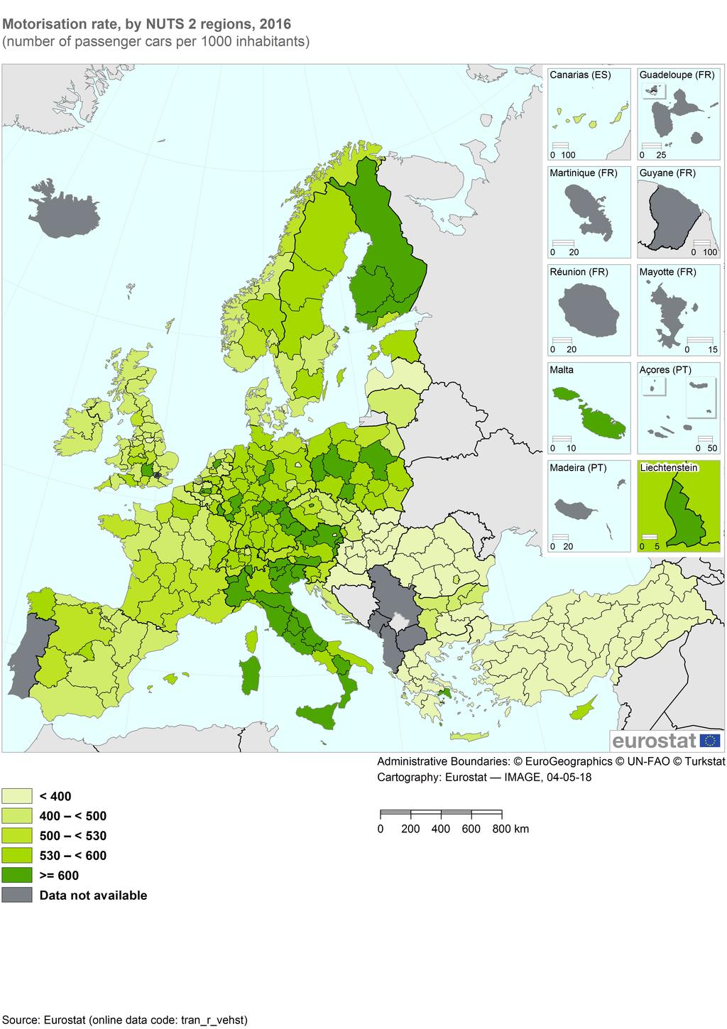 Map 1: Motorisation rate, by NUTS 2 region, 2016 - Source: Eurostat (tranrvehst) Noticeable disparities are, however, clearly observable for some specific countries on Map 1.