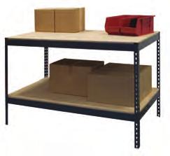 Workbenches come with your choice of ¾ particle board or ¾ laminated board worksurfaces. Worksurfaces are 36 high. Elevated shelves are 24 above worksurface and are 12 deep. Steel color: Gray.