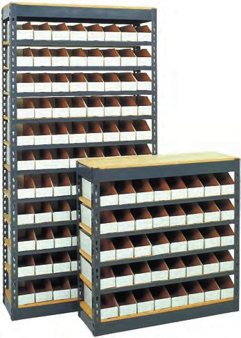 Available with your choice of plastic or corrugated bins. Units come complete with shelving and bins. Units available with 12 or 18 deep bins. Features 1/2 particle board decking.