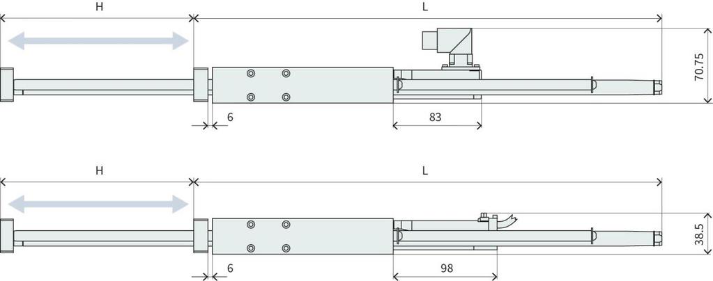 H01-23x166 Linear module Bearing type Stroke H [mm (inch)] Moving Parts L [mm (inch)] Moving Mass 1 [g (lb)] Total Weight [g (lb)] HM01-23x160/80 Ball bearings 80 (3.