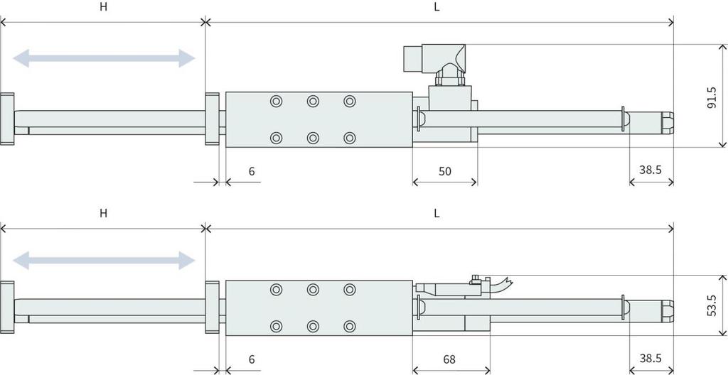 H01-37x166 Linear module Bearing type Stroke H [mm (inch)] Moving Parts L [mm (inch)] Moving Mass 1 [g (lb)] Total Weight [g (lb)] HM01-37x120/80 Ball bearings 80 ( 3.15) 318 (12.52) 1190 (2.