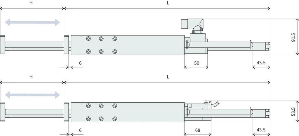 H01-37x286 Linear module Bearing type Stroke H [mm (inch)] Moving Parts L [mm (inch)] Moving Mass 1 [g (lb)] Total Weight [g (lb)] HM01-37x240/60 Ball bearings 60 (2.