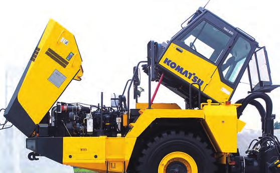 Note: An external hydraulic pump is required to tilt the cab or a service crane can be used after easily removing only eight bolts. The hydraulic cylinder to tilt the cab is standard.