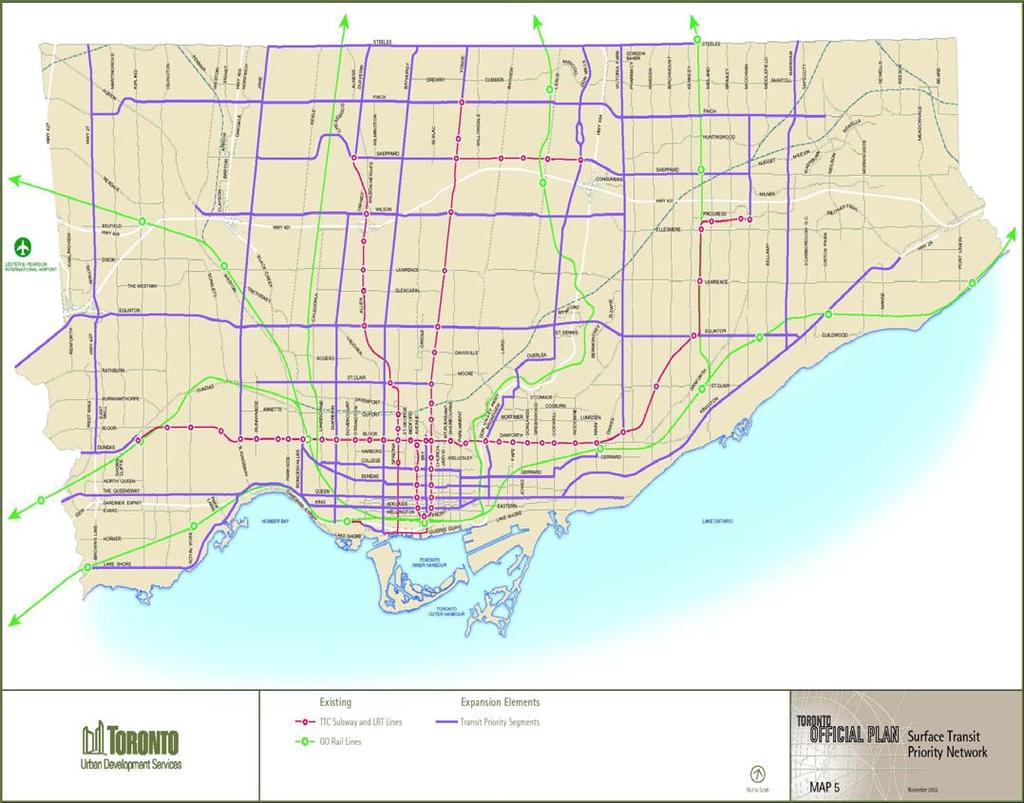 Toronto s Official Plan Transportation infrastructure- surface transit priority Make more efficient use of transportation network by
