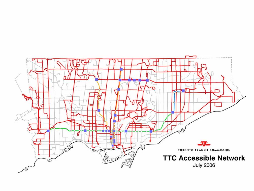 Network of Accessible Services accessible subway stations fed by: to-the-door Wheel Trans services accessible surface routes 83