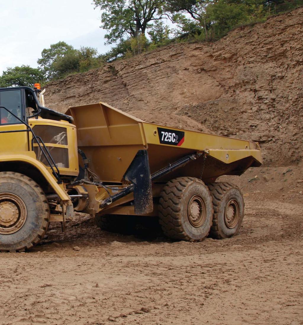 The Cat 725C2, with a 15 m 3 (19.6 yd 3 ) 24 tonnes (26.5 tons) capacity, offers proven reliability, durability, high productivity, superior operator comfort and lower operating costs.