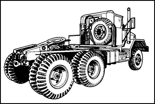 FIGURE 20. M818 TRACTOR TRUCK. The M52A2/M818/M931 tractor truck is used as the prime mover for a variety of semitrailers, including stake-and-platforms, vans, tankers, low boys, and so forth.