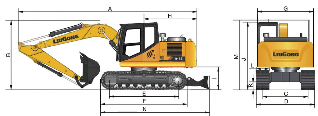 930E EXCAVATOR 915E EXCAVATOR SPECIFICATIONS DIMENSIONS Standard Arm Boom Arm options A Shipping length B Shipping height top of boom C Track gauge D Undercarriage width E Length to center of rollers