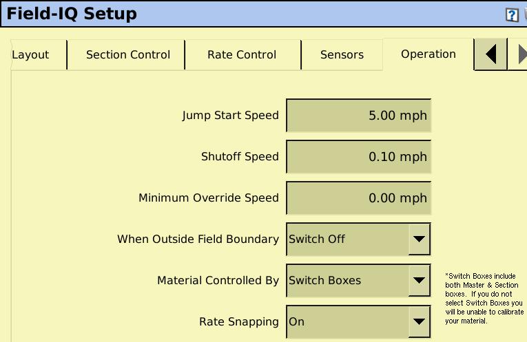 Setup - Operation F 1. Jump Start Speed is the speed the fertilizer system will ramp up to when the operator pushes the Jump Start button. 3.0-5.
