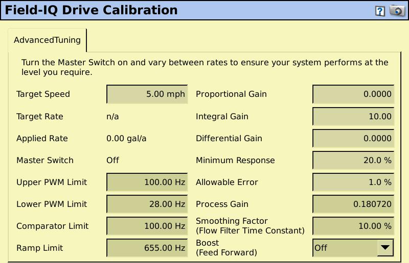 Drive Calibration (continued) 10 20.0% 1.0% 28 Hz These settings adjust the limits of PWM signal going to the electric pump. These settings are recommended for the AgXcel GX5 System.