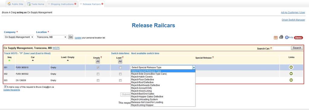 Release Railcars Rejecting Railcars If you receive a railcar that is unsuitable for