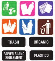 Office Recycle Wastebaskets 342913REC Recycle Label Kit 34RECLBL Includes one set of eleven color-coded symbol labels and three sets of eleven word labels in English, Spanish and French WASTE