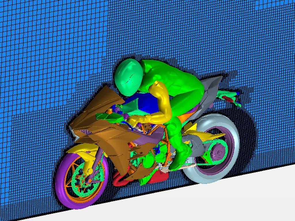 Figure 4: Trimmed mesh on a plane section around the motorcycle, showing refinement in the wake region, automatically generated with Simcenter STAR-CCM+.