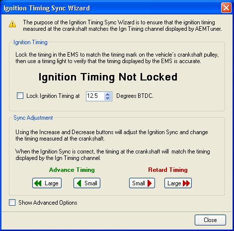Verify the ignition timing: Select Wizards>>Ignition Timing Sync from the pull-down menu.