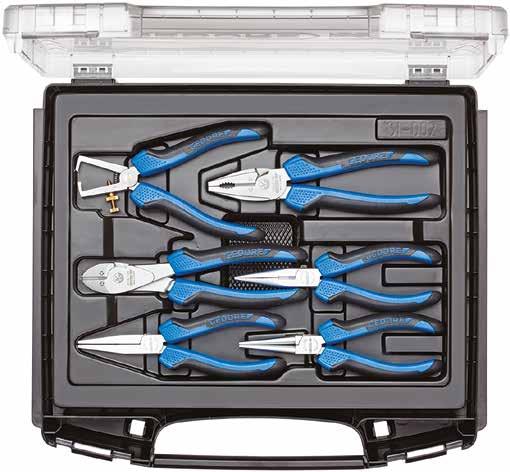 020 021 1101-2 PLIERS SET in i-boxx 72, 6 pieces Practical set composition in sturdy plastic case Stripping pliers No. 8098-160 JC Self-opening, spring and locking screw for wires 0.8-6.