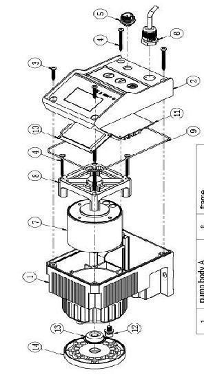 6. Main Parts 1 Pump Body A 8 Frame 2 Pump Body B 9 Seal Ring 3 Screw (short) 10 Screen 4 Screw (long) 11