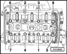 Page 30 of 62 15-25 - Tighten cylinder head bolts in two stages in sequence shown, as follows: Stage 1: 60 Nm (44 ft lb) Stage 2: additional 1/2 turn (180 (90 ) if necessary).