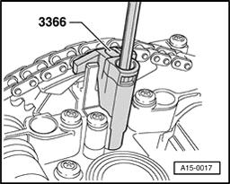 Page 25 of 51 15-51 - Loosen tensioner (arrows) and remove toothed belt from camshaft gear. - Use 3036 retainer to loosen camshaft gear. - Remove camshaft gear.