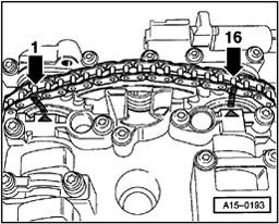 Page 26 of 51 15-52 - Verify that camshafts are at TDC Cyl 1. Both camshaft markings must align with arrows on bearing caps.