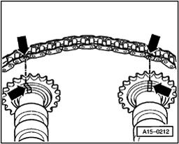 Page 28 of 51 15-54 Install drive chain on camshaft chain gear as follows: - When installing old drive chain, line up paint markings (arrows).