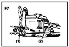 7. OPERATING ENGINE STARTING ENGINE 1.Fill fuel and chain oil tanks respectively, and tighten the caps securely.(f7) 2.