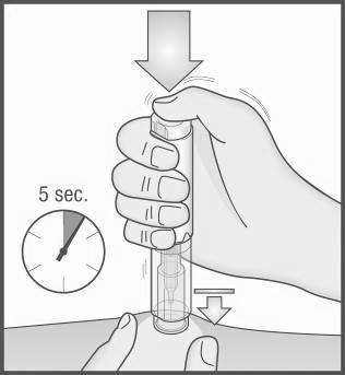 Kako injicirati 11. Medtem ko držite napolnjeni injekcijski peresnik Metoject PEN čvrsto na koži, s palcem pritisnite gumb. 12. Zaslišali boste klik, ki označuje začetek injiciranja.