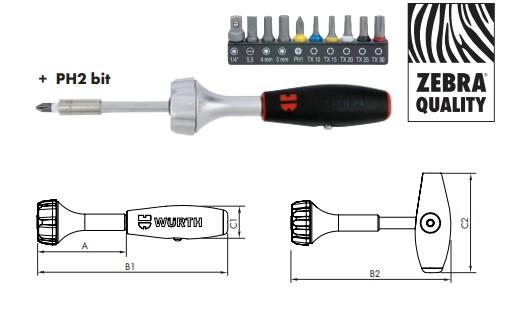 High-performance ratchet screwdriver A B1 B2 C1 C2 Art. No. P.Qty inches mm mm mm mm mm 1/4 67.5 144 121 25 77 00613 630 60 1 3-position adjustment wheel.