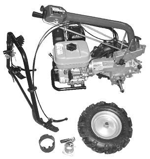 1. fuel tank 2. air filter 3. muffler 4. protective bracket of engine 5. rubber tire 6. accessories connector bush 7. locating pin handlebar 8.