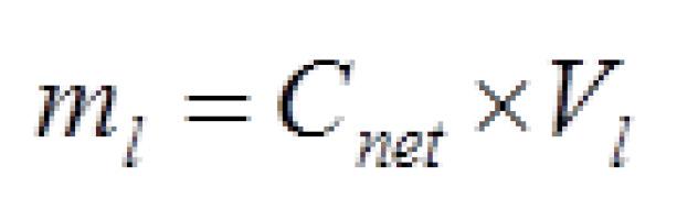 Masa anorganskega ogljika v tekočini preskusne posode se izračuna z enačbo [7]: enačba [7] Skupni uplinjeni ogljik pri čemer je: m l = masa anorganskega ogljika v tekočini (mg), C net = koncentracija