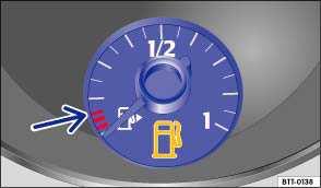 Indicator lights and fuel gauge Fig. 160 In the instrument cluster: Fuel gauge. Please first read and note the introductory information and heed the WARNINGS page 297. on Lights up Gauge position fig.