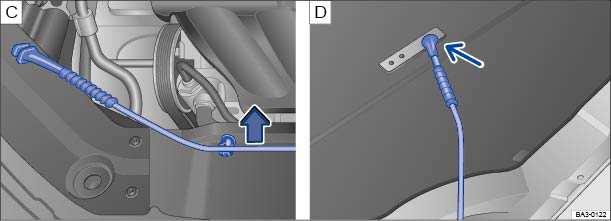 Fig. 167 C: In the engine compartment: Bracket for hood support. D: Hood propped open. Please first read and note the introductory information and heed the WARNINGS.