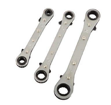 6 1/4, 5/16, 3/8, 7/16, 1/2, 9/16, 5/8, 11/16 and 3/4 DOUBLE RING RATCHETING SPANNERS STRAIGHT (SAE) DOUBLE RING RATCHETING SPANNERS OFFSET (SAE) ITEM NO.