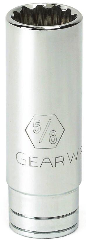 GEARWRENCH SOCKETS 3/8 DR DEEP 12 PT INDIVIDUAL (SAE) C D A B E F ITEM NO. SIZE DRIVE END A WRENCH END B OVERALL LENGTH C BOLT CLEARANCE D WRENCH DEPTH E LENGTH TO SHOULDER F WEIGHT 80509 1/4" 0.