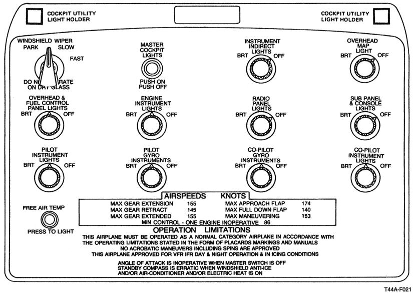 T-44A SYSTEMS COURSE CHAPTER TWO Figure 2-3 Overhead Control Panel Interior Lights The aircraft interior lights are controlled by either rheostats or press-to-light switches located on the Overhead