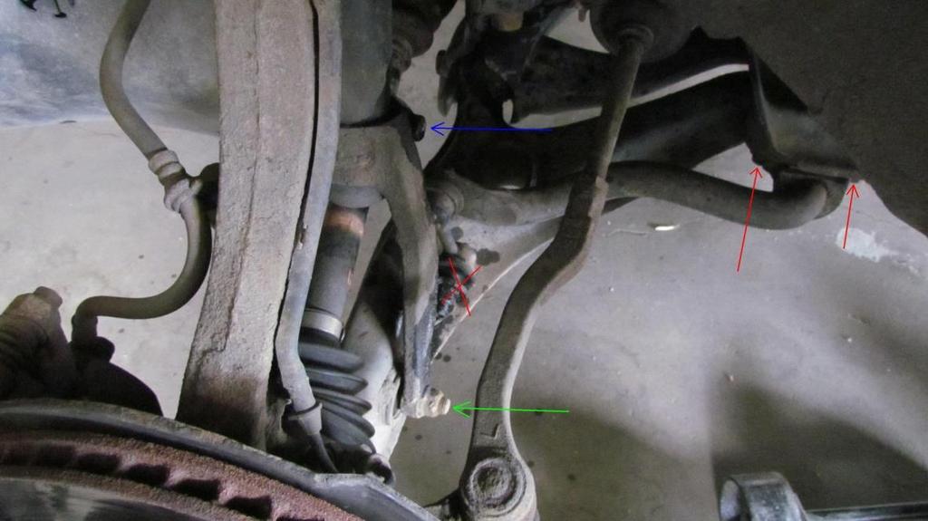 Also I recommend you remove the two 10mm bolts that secure your ABS sensor cable (blue arrows top picture) and the securing tab from your brake line (green arrow top picture).
