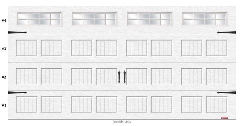 Garage Doors UPGRADE 981165-3 Model: Quantity: 1 Size: Triforce, Carriage House SP 16 0 x 8 0 (width x height) Sections: 2"-thick galvanized steel, insulation R-10 26-gauge galvanized steel,