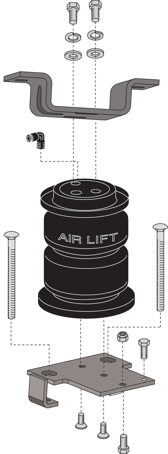 4. Driver s side only: Insert a 5/16 bolt (O) into the small hole on the lower bracket (B) before attaching the lower bracket to the air spring assembly (Fig. 3). 5. 2500 HD models only: Install a 3/8 bolt (U) and lock nut (L) through the hole in the lower bracket (Fig.