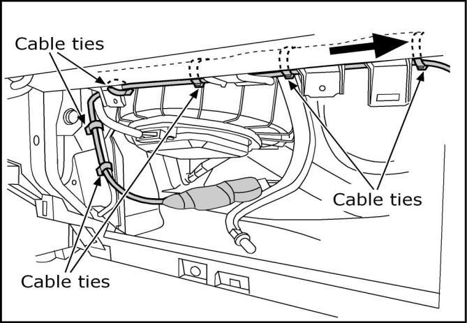 Route the Red and Black wires along the existing harness on the right side of the glovebox cavity and out towards the A-pillar. Secure with cable ties as shown.