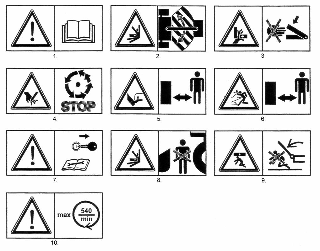 SAFETY DECALS 1. WARNING! Always Read the Operator Manual. 2. DANGER! Articulation Zone Keep Clear. 3. DANGER! Pinch & Crush Zone Keep hands and limbs clear whilst machine is working. 4. DANGER! Wait until machine has stopped completely before approaching.