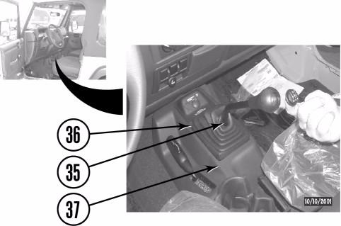 c. Remove shift lever cover (36) from shift lever console (37) and transmission shift lever (35). d.