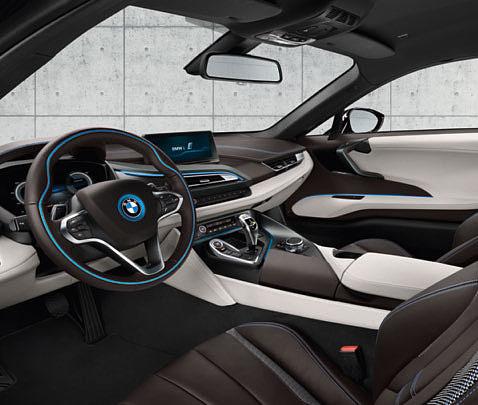 Dalbergia Tan BMW i Exclusive leather with Sabal cloth accent, combined with the BMW i Blue accent on the stitching,