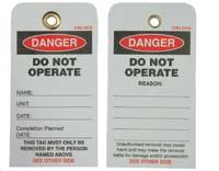 Laminated Tag - RE-USEABLE - CAN NOT BE RIPPED Size 140 x 75 mm - 8 mm grommet fits most padlocks Write on with permanent marker SDT-5 Customised versions can be supplied SDT-5-5B Do Not Operate Tags