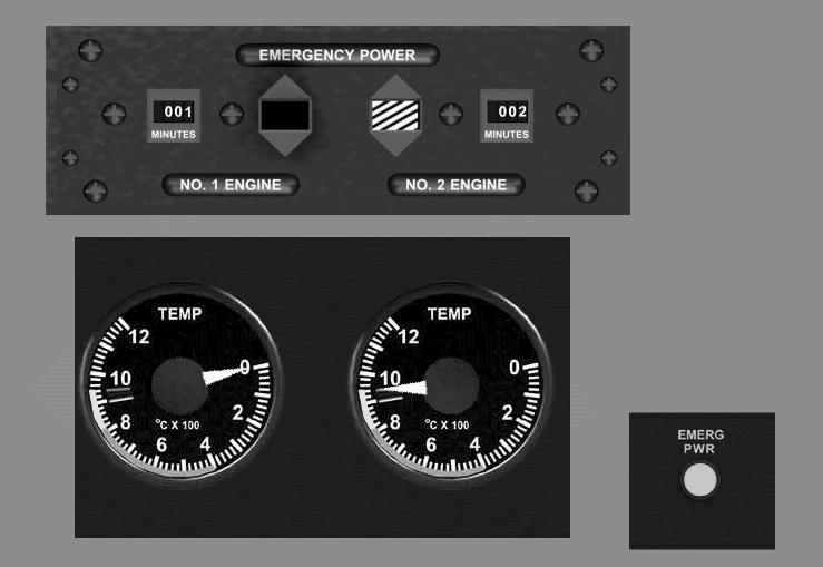 (5) EMERG PWR lights. When fuel flow increase to the point where PTIT is 890 to 910 C, the EMERG PWR lights will illuminate on the copilot and pilot instrument consoles. (6) Emergency power panel.