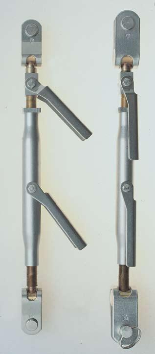Two flip out handles provide tool free adjustment and positively lock the turnbuckle without cotter pins or check nuts.