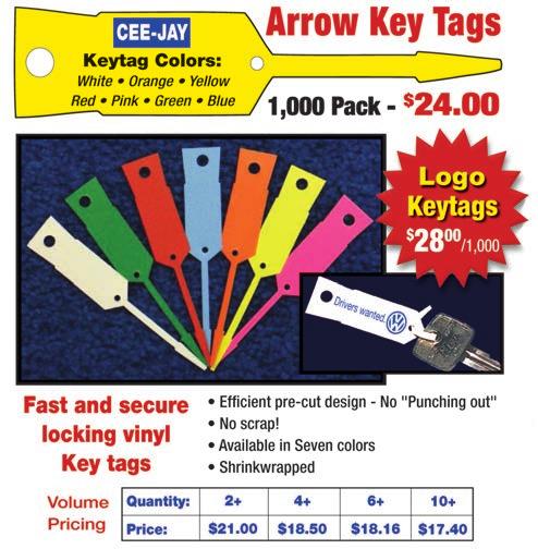 Made of flexible molded plastic and available in 12 colors. Specify color (Blue, Red, Green, Orange, Yellow, Tan, White, Black, Gray, Purple, Lime, Pink) 486 100 Reusable Key Tags 16.